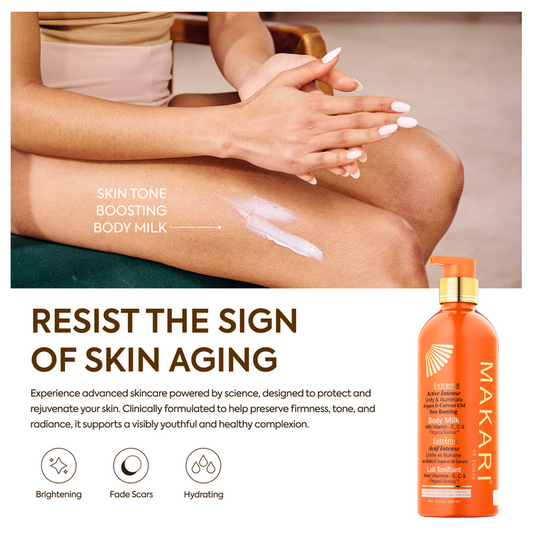 Makari Extreme Active Intense Carrot & Argan Oil Body Milk (16.8 oz) | Unify & Illuminate | Tone-Boosting Body Lotion with Vitamins E and C | Helps Brighten Skin Tone | Promotes Even Complexion