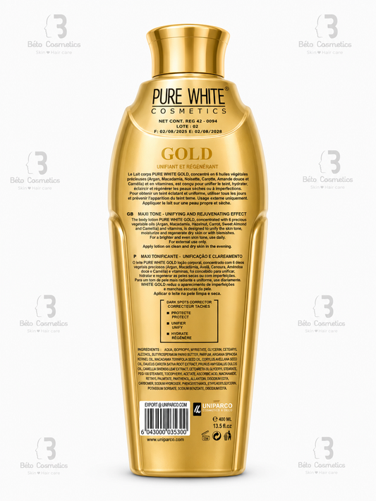 Gold bottle labeled 'Pure White Cosmetics' on a white background