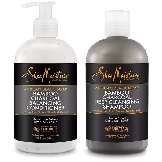 Shea Moisture Shampoo, Conditioner and Masque Set, African Black Soap Bamboo Charcoal Deep Cleansing Shampoo 13 Ounce, Conditioner 13 Ounce, Masque 12 Ounce - Beto Cosmetics