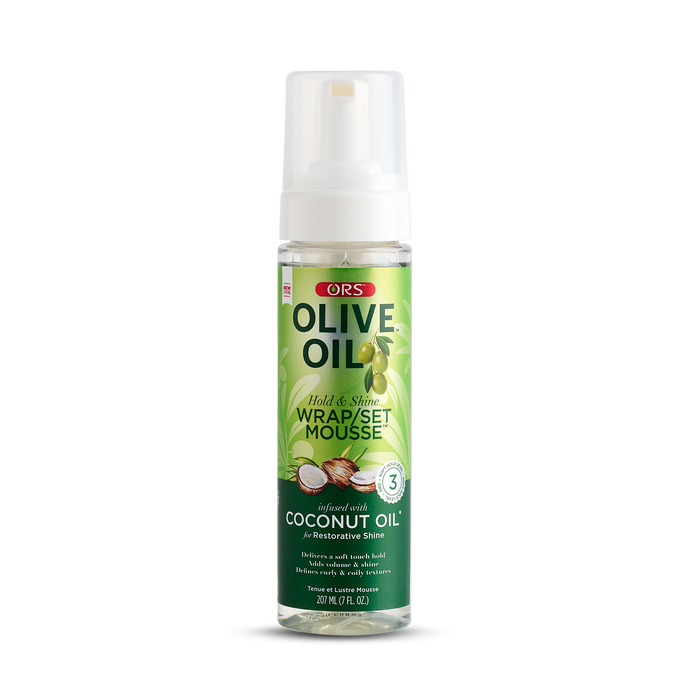 ORS OLIVE OIL HOLD & SHINE WRAP SET MOUSSE INFUSED WITH COCONUT OIL FOR RESTORATIVE SHINE (7.0 OZ)