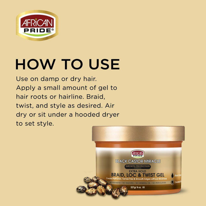 African Pride Black Castor Miracle Braid Loc & Twist Gel Extra Hold 8oz