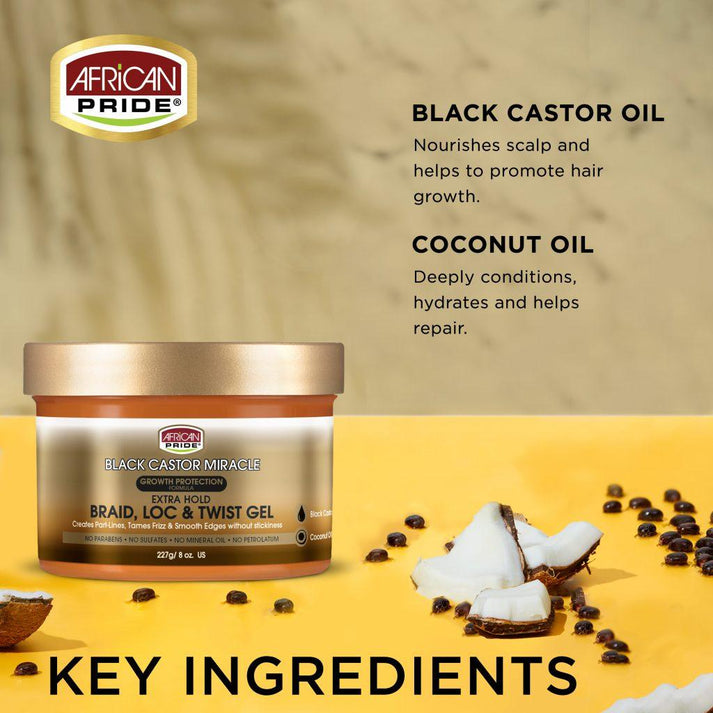 African Pride Black Castor Miracle Braid Loc & Twist Gel Extra Hold 8oz