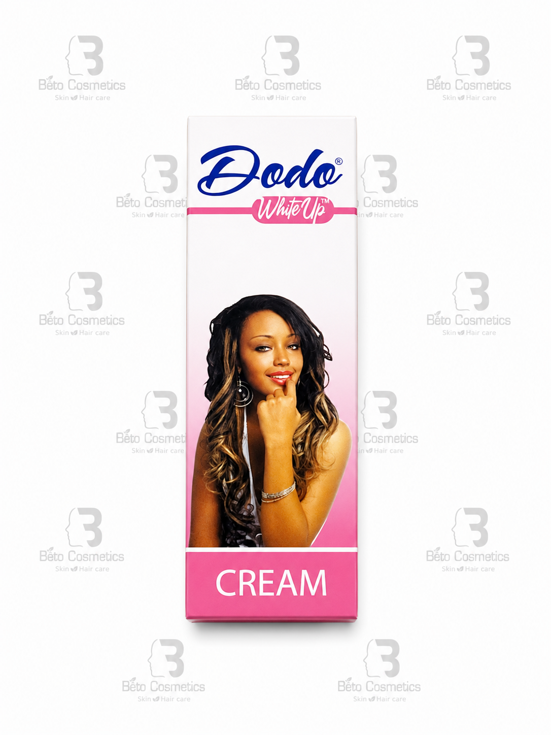 Dodo White Up cream packaging with a woman's face on a white background