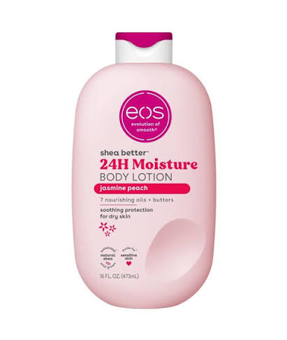 A 16 fl oz bottle of EOS Shea Better 24H Moisture Body Lotion in Jasmine Peach, featuring a light pink bottle with a white and magenta cap.