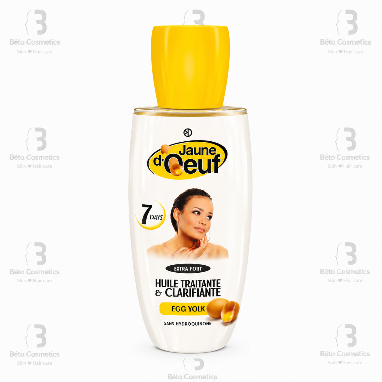 Bottle of Jaune d'OEuf skincare product with a yellow cap on a white background