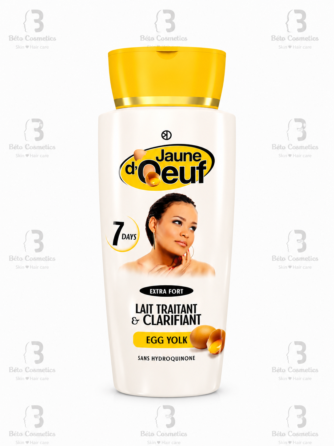 Jaune d'OEuf skincare product bottle with a woman's face on the label against a white background.