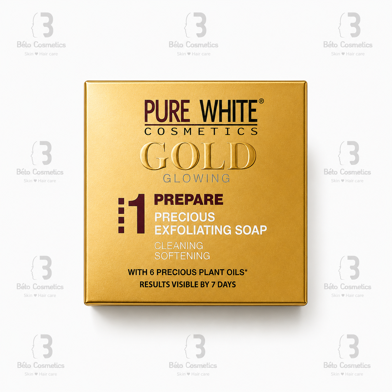 Gold box of Pure White Cosmetics Gold Glowing Prepare Precious Exfoliating Soap on a white background