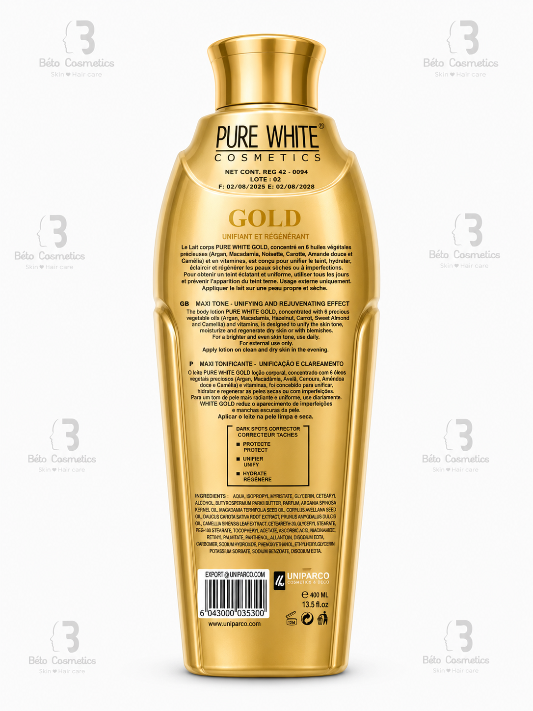 Gold bottle labeled 'Pure White Cosmetics' on a white background
