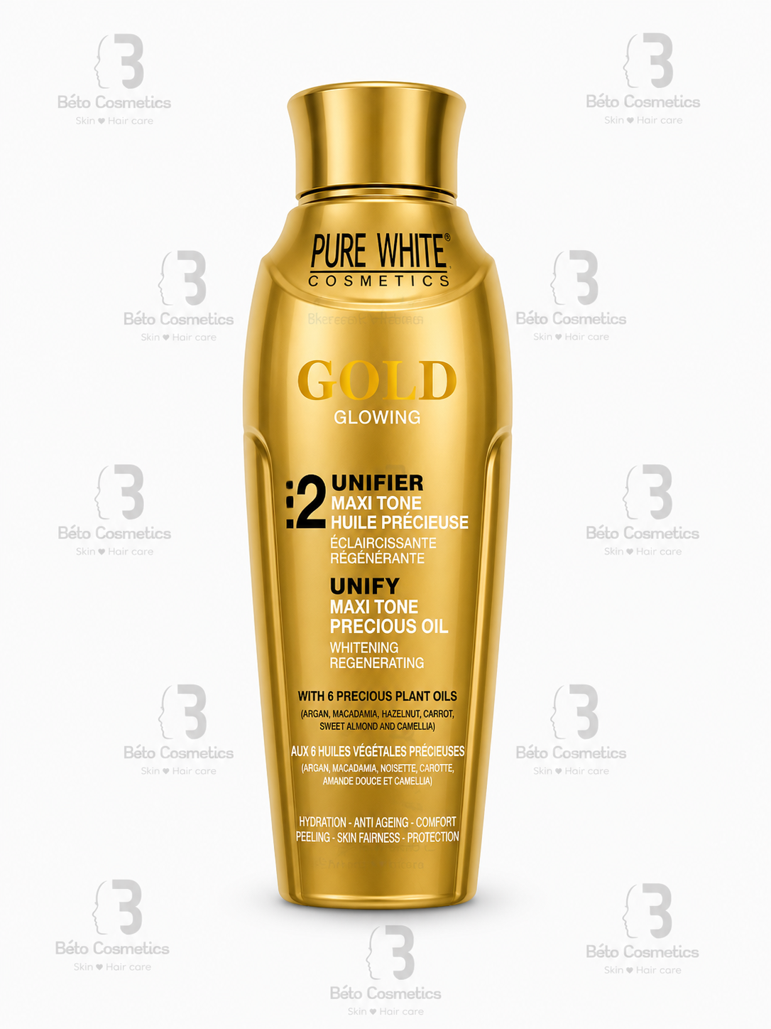 Gold bottle of Pure White Cosmetics Gold Unifier Maxi Tone Precious Oil on a white background