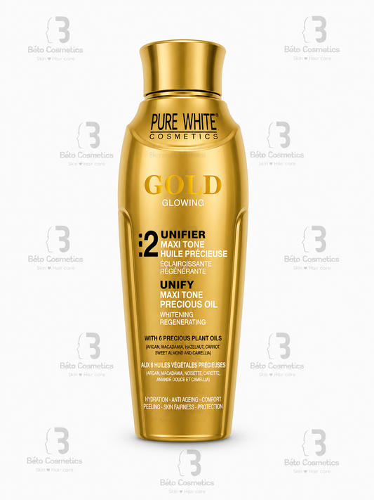 Gold bottle of Pure White Cosmetics Gold Unifier Maxi Tone Precious Oil on a white background