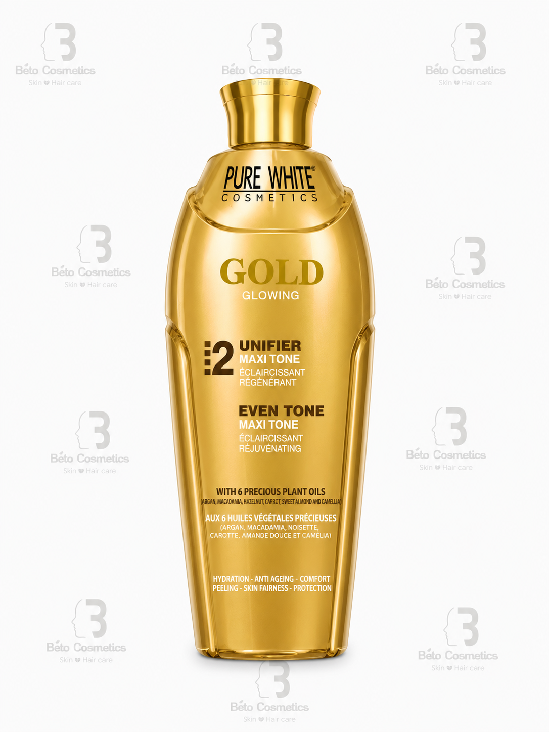 Gold bottle of Pure White Cosmetics product on a white background