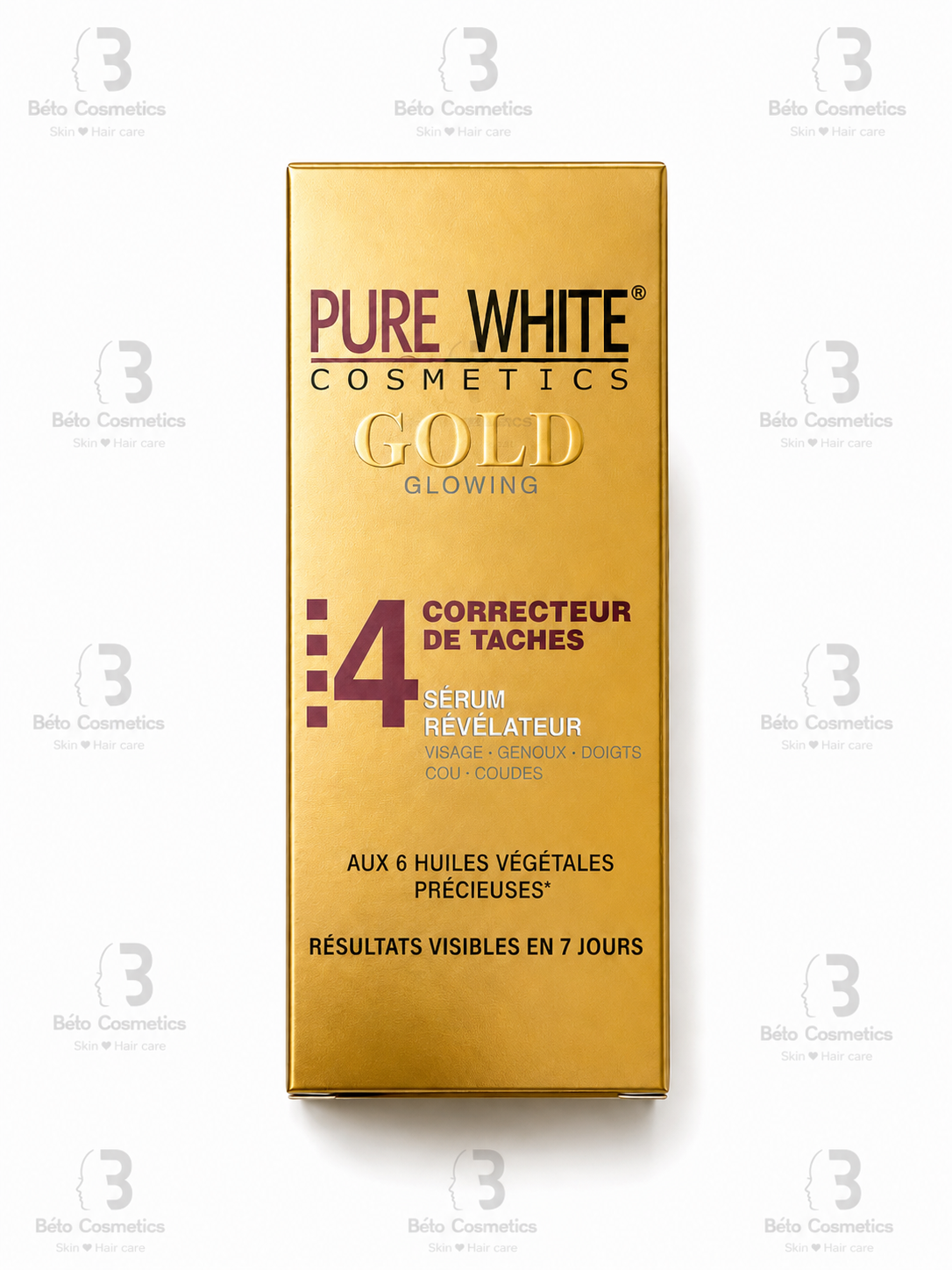 Gold cosmetic box with 'Pure White Cosmetics' branding on a white background