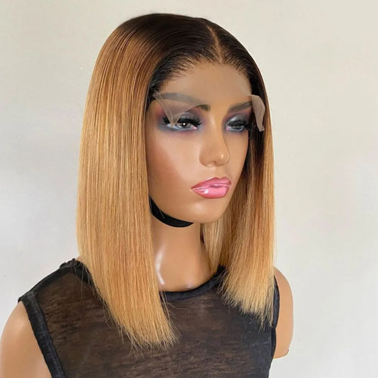 Short Ombre Bob Wig Preplucked Honey Brown Straight Human Hair Wigs Lace Part Wigs For Black Women Natural Brazilian Remy Hair