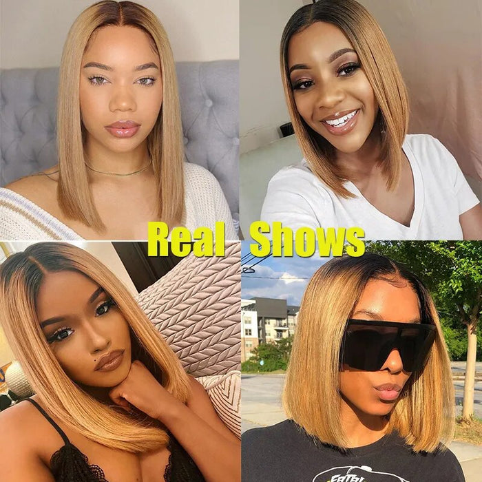 Short Ombre Bob Wig Preplucked Honey Brown Straight Human Hair Wigs Lace Part Wigs For Black Women Natural Brazilian Remy Hair