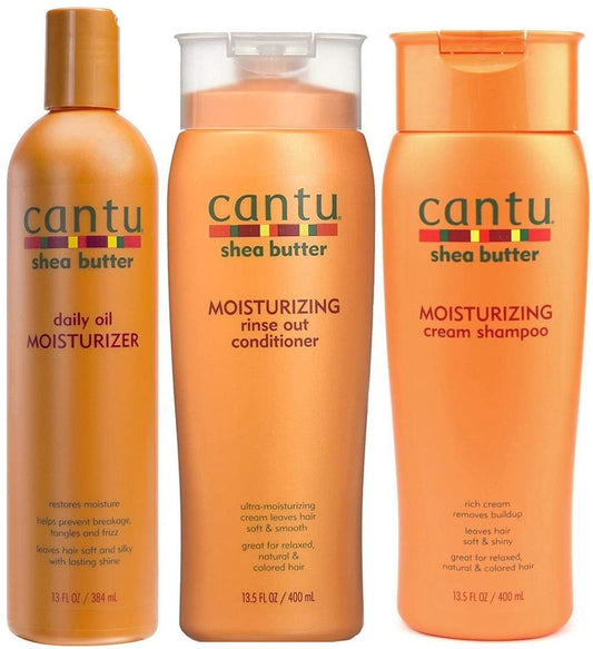 Cantu Moisturizing Cream Shampoo & Moisturizing Rinse Out Conditioner 13.5 oz and Daily Oil Moisturizer 13 oz - Beto Cosmetics
