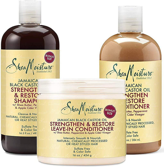 Shea Moisture Jamaican Black Castor Oil Combination Pack – Strengthen, Grow & Restore – Shampoo, 16.3 Oz, Conditioner 13 Oz. & Leave-In Conditioner 16 Oz - Beto Cosmetics