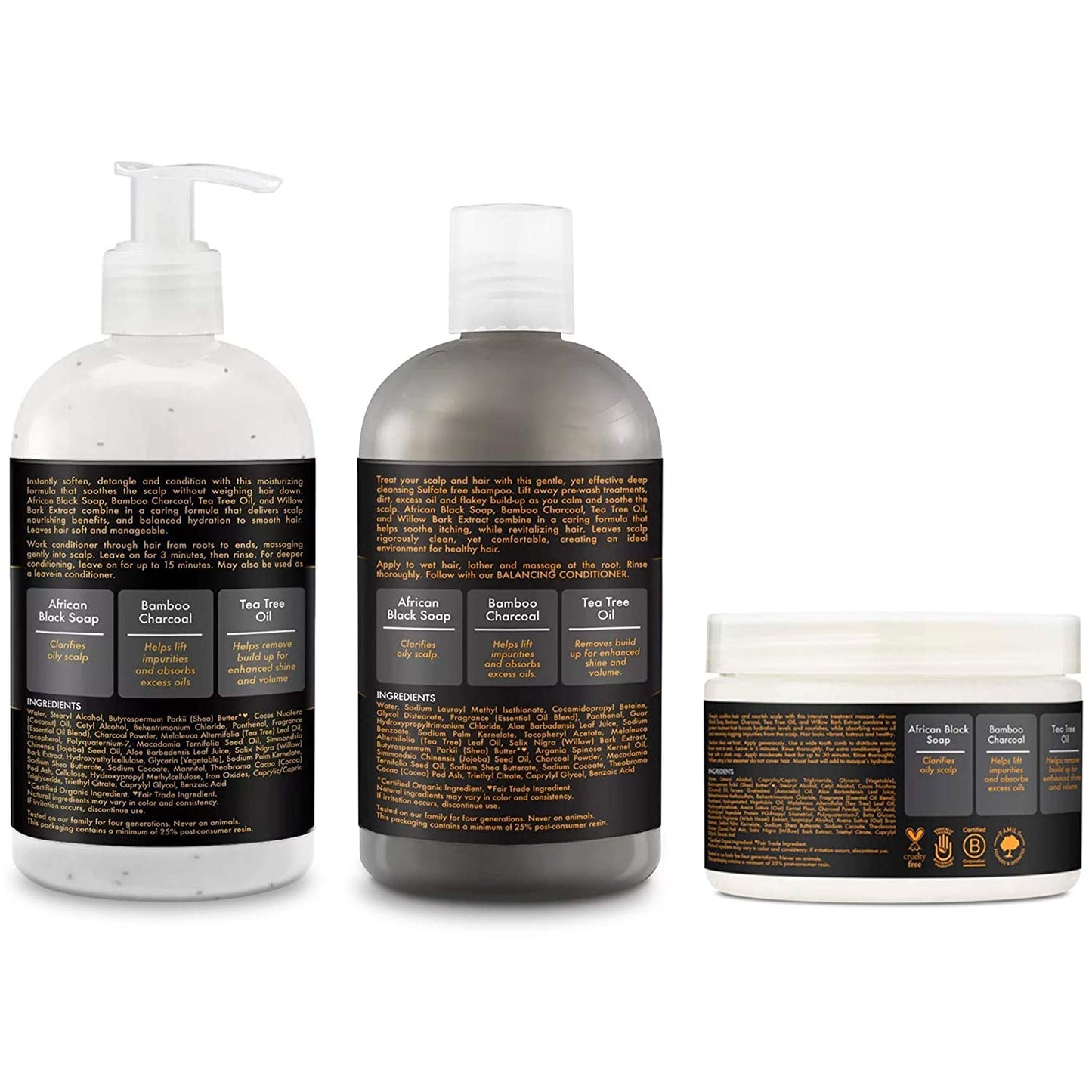 Shea Moisture Shampoo, Conditioner and Masque Set, African Black Soap Bamboo Charcoal Deep Cleansing Shampoo 13 Ounce, Conditioner 13 Ounce, Masque 12 Ounce - Beto Cosmetics