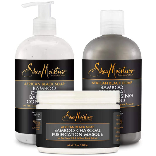 Shea Moisture Shampoo, Conditioner and Masque Set, African Black Soap Bamboo Charcoal Deep Cleansing Shampoo 13 Ounce, Conditioner 13 Ounce, Masque 12 Ounce - Beto Cosmetics